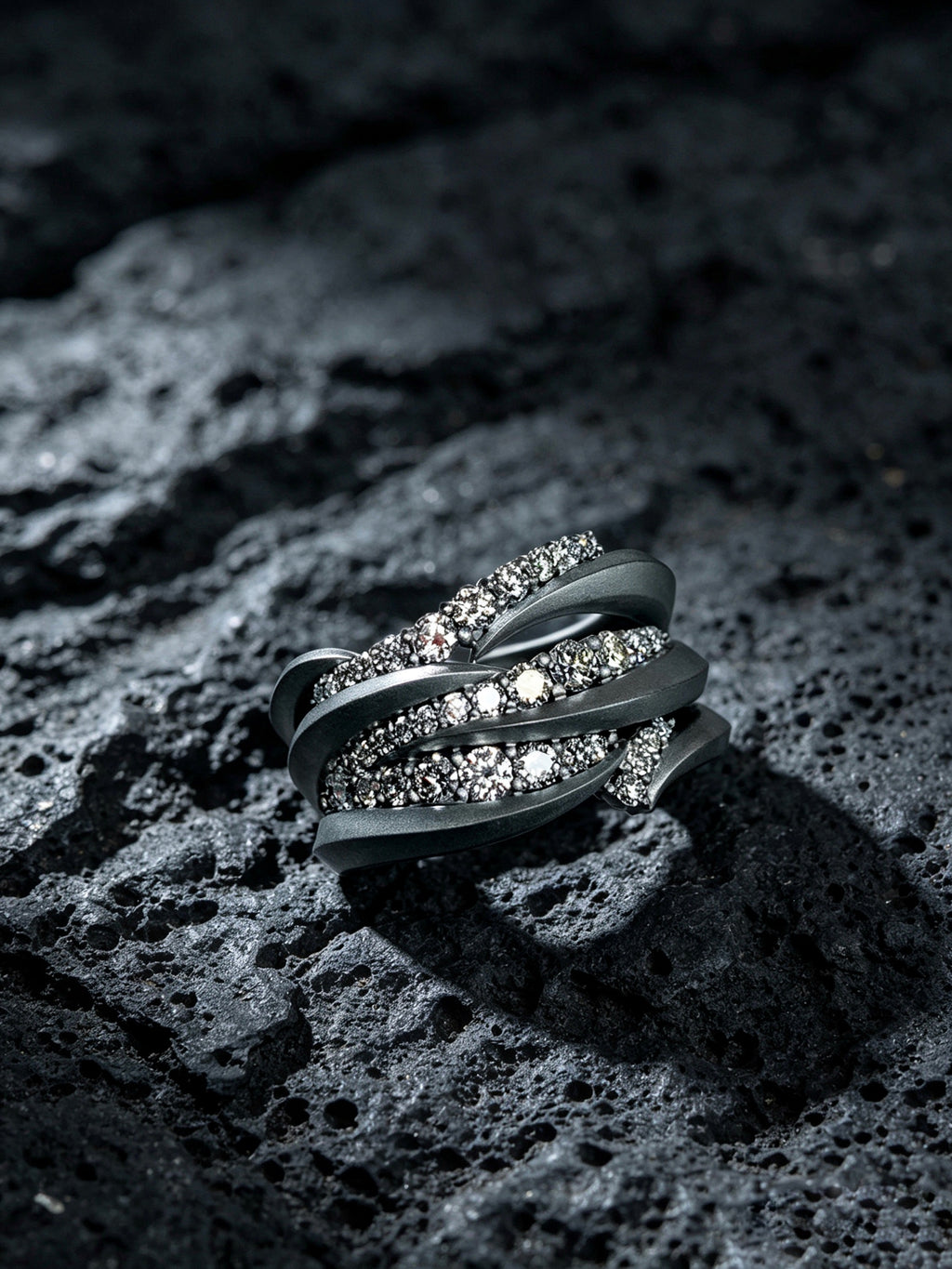 Swirl Surge Titanium Twist Ring | Multi-Layer Pavé Synthetic Diamonds, Custom Ring Size Available
