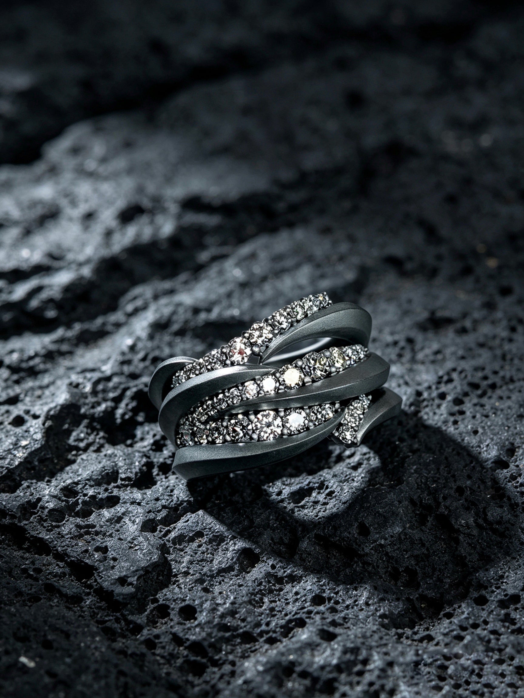 Swirl Surge Titanium Twist Ring | Multi-Layer Pavé Synthetic Diamonds, Custom Ring Size Available