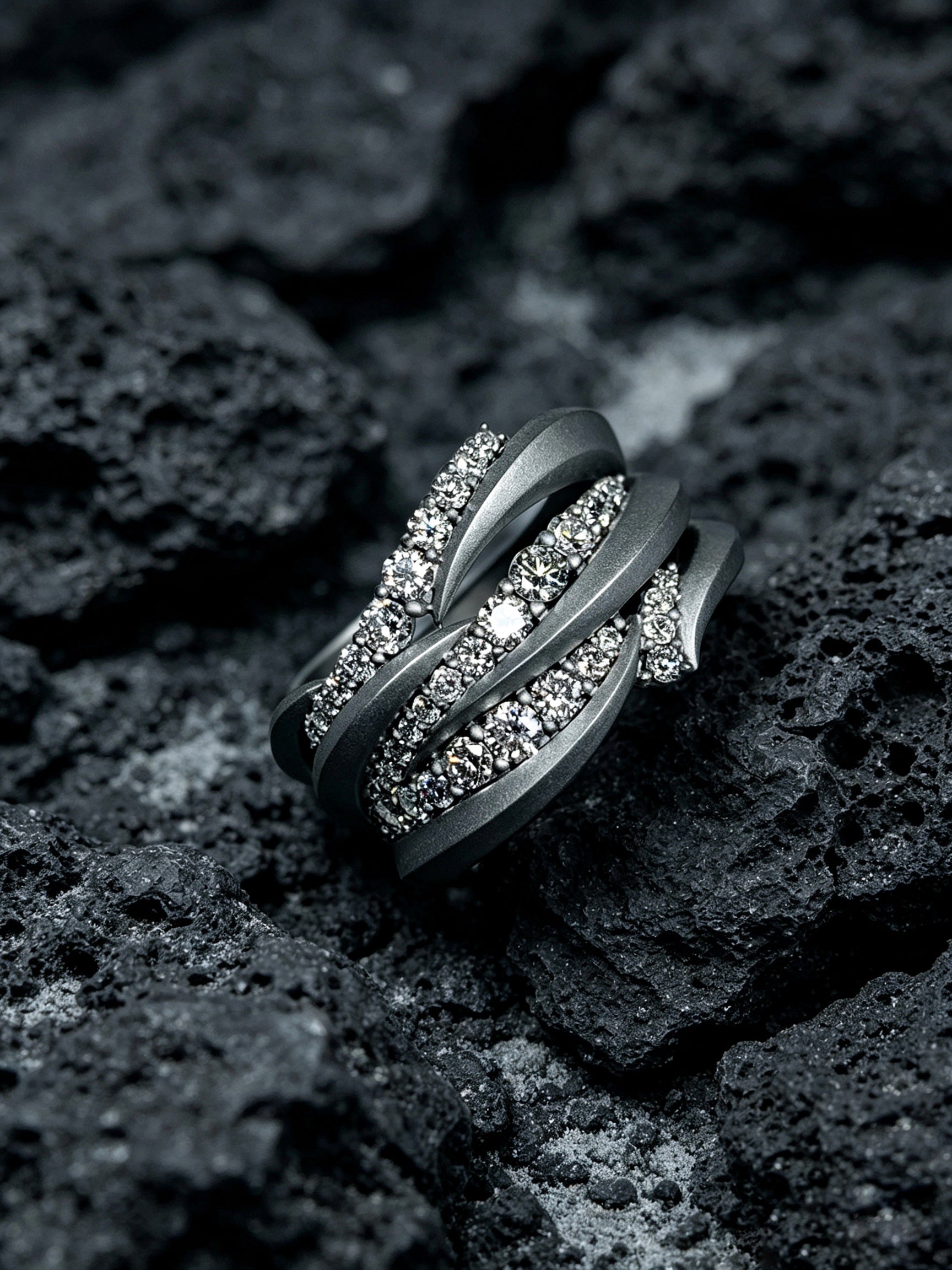 Swirl Surge Titanium Twist Ring | Multi-Layer Pavé Synthetic Diamonds, Custom Ring Size Available