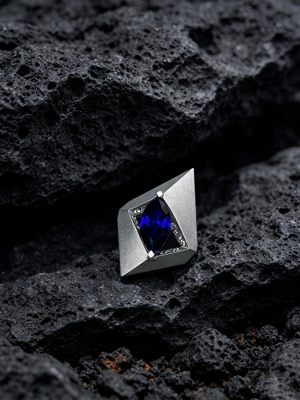Prism Abyss Titanium Pendant | Marquise Synthetic Sapphire Surrounded by Pavé Synthetic Diamonds