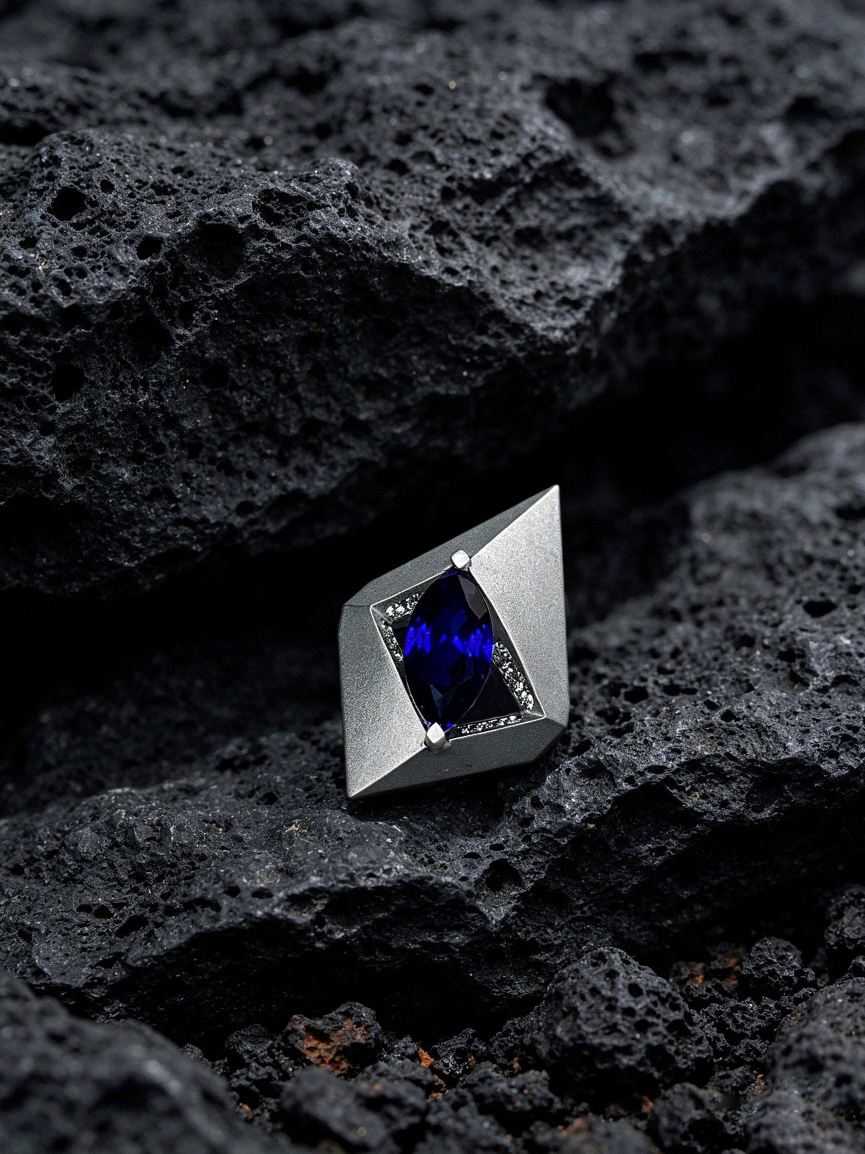 Prism Abyss Titanium Pendant | Marquise Synthetic Sapphire Surrounded by Pavé Synthetic Diamonds