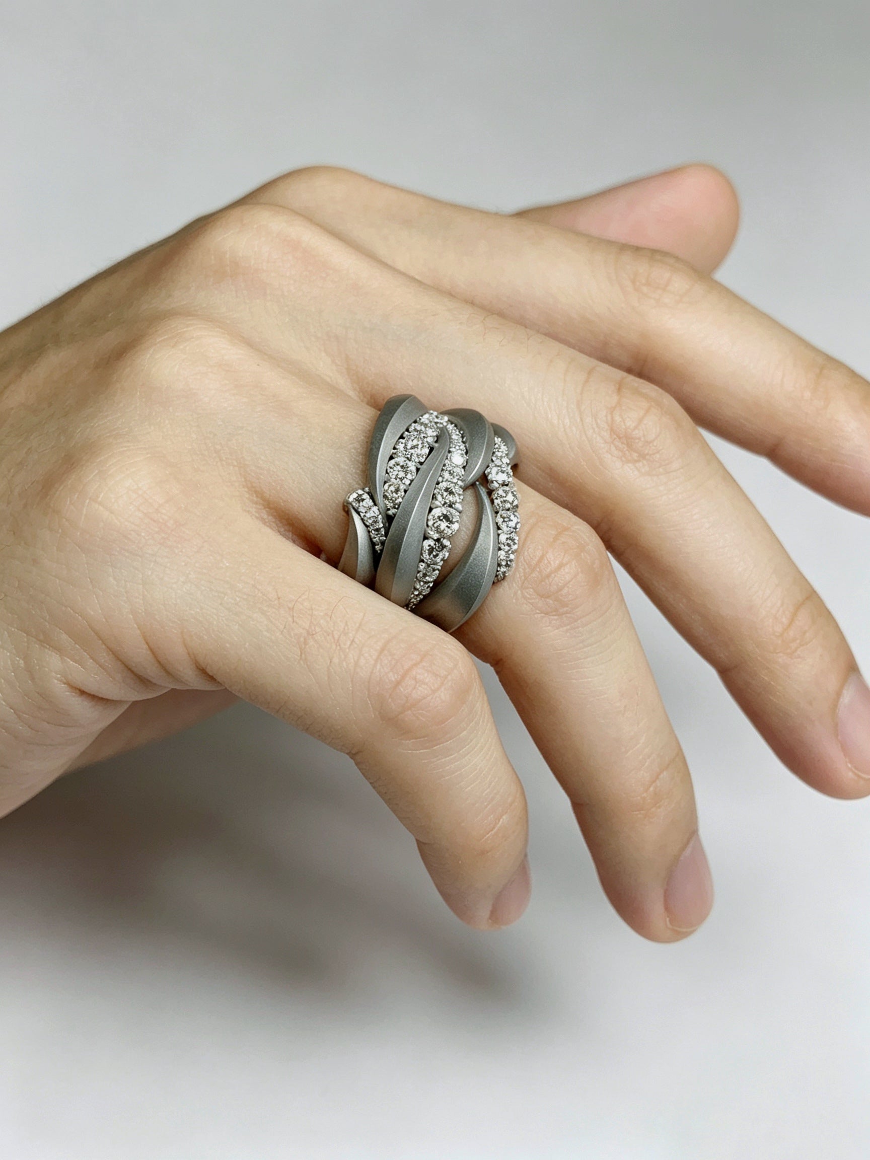 Swirl Surge Titanium Twist Ring | Multi-Layer Pavé Synthetic Diamonds, Custom Ring Size Available