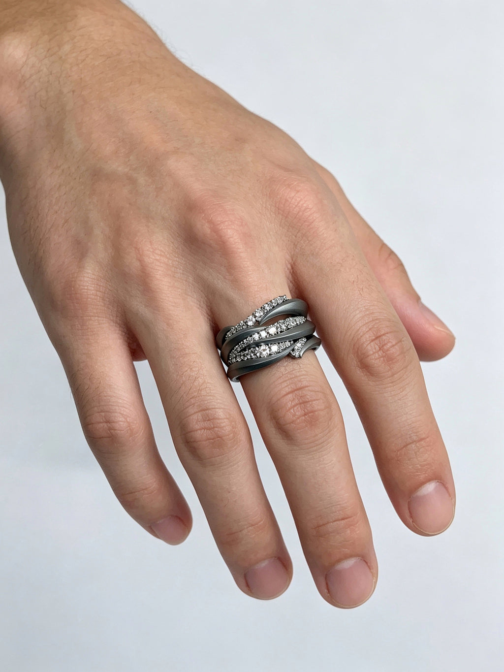Swirl Surge Titanium Twist Ring | Multi-Layer Pavé Synthetic Diamonds, Custom Ring Size Available