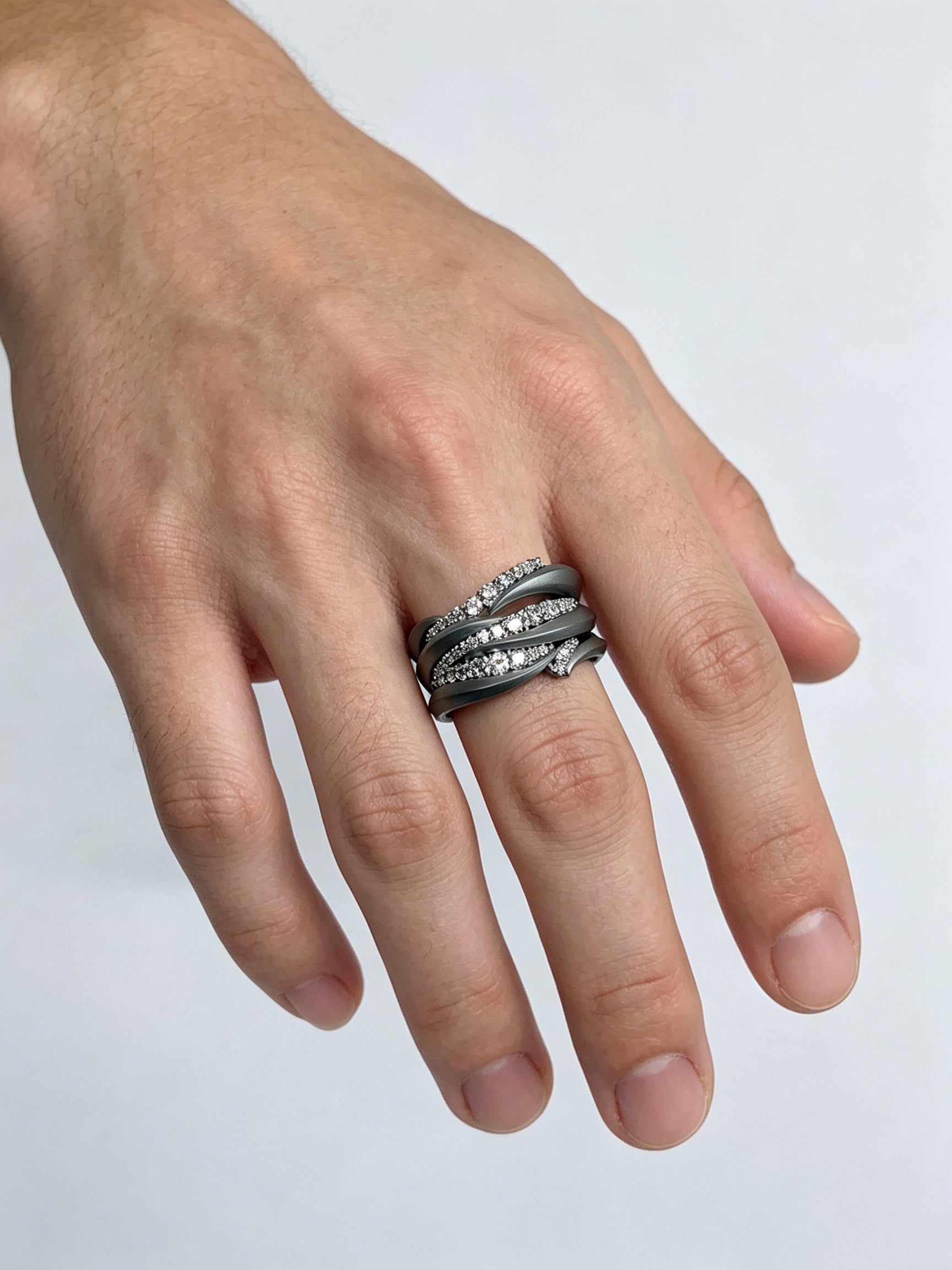 Swirl Surge Titanium Twist Ring | Multi-Layer Pavé Synthetic Diamonds, Custom Ring Size Available