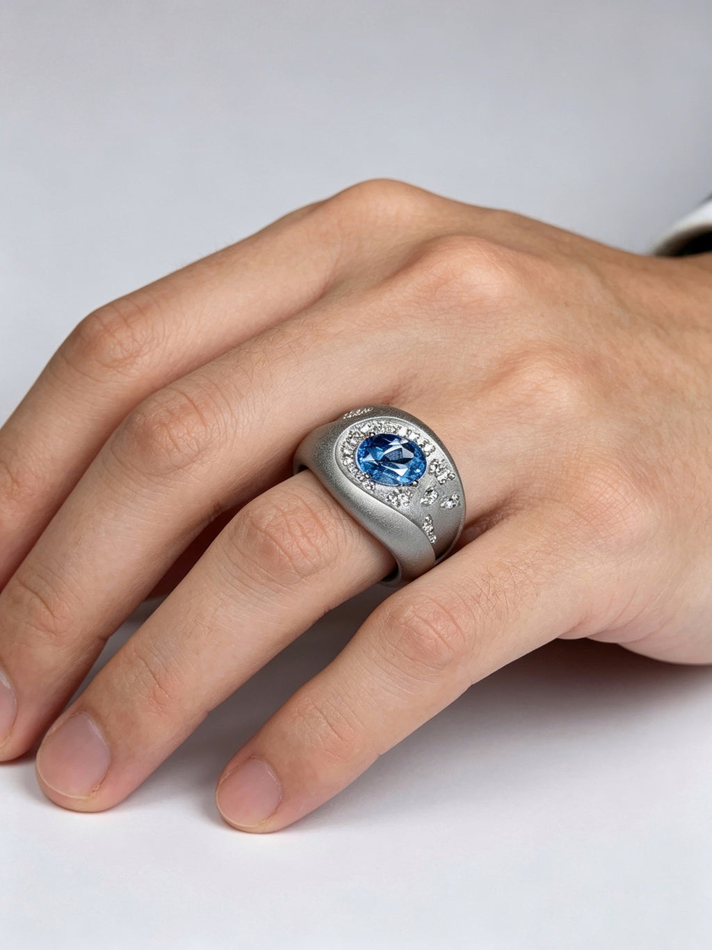 Meteor Crater Titanium Ring | Oval Synthetic Spinel with Scattered Pavé Synthetic Diamonds, Custom Ring Size Available