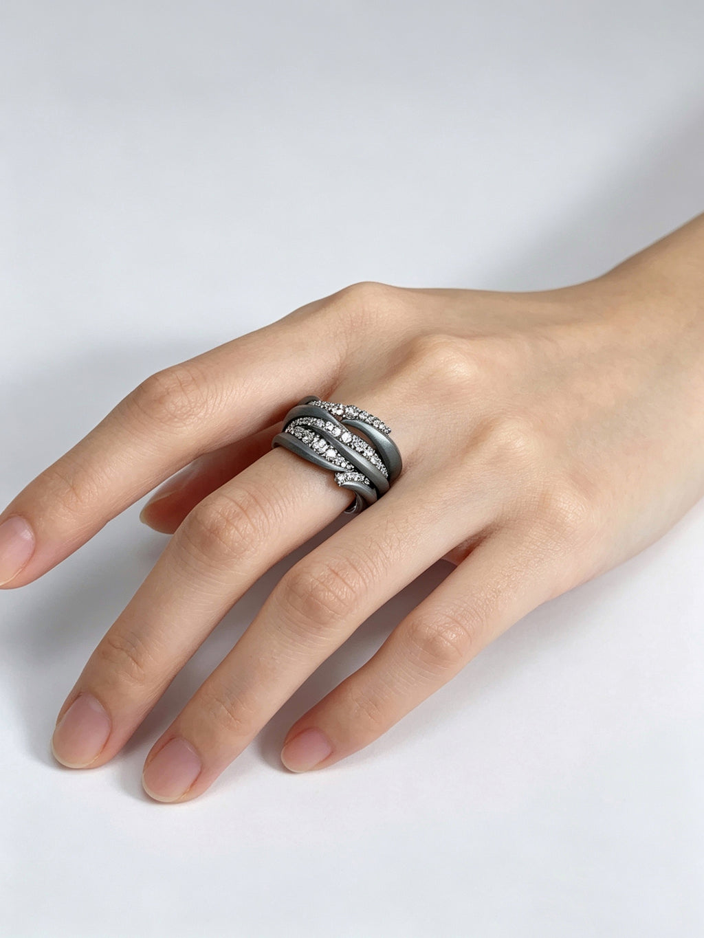 Swirl Surge Titanium Twist Ring | Multi-Layer Pavé Synthetic Diamonds, Custom Ring Size Available