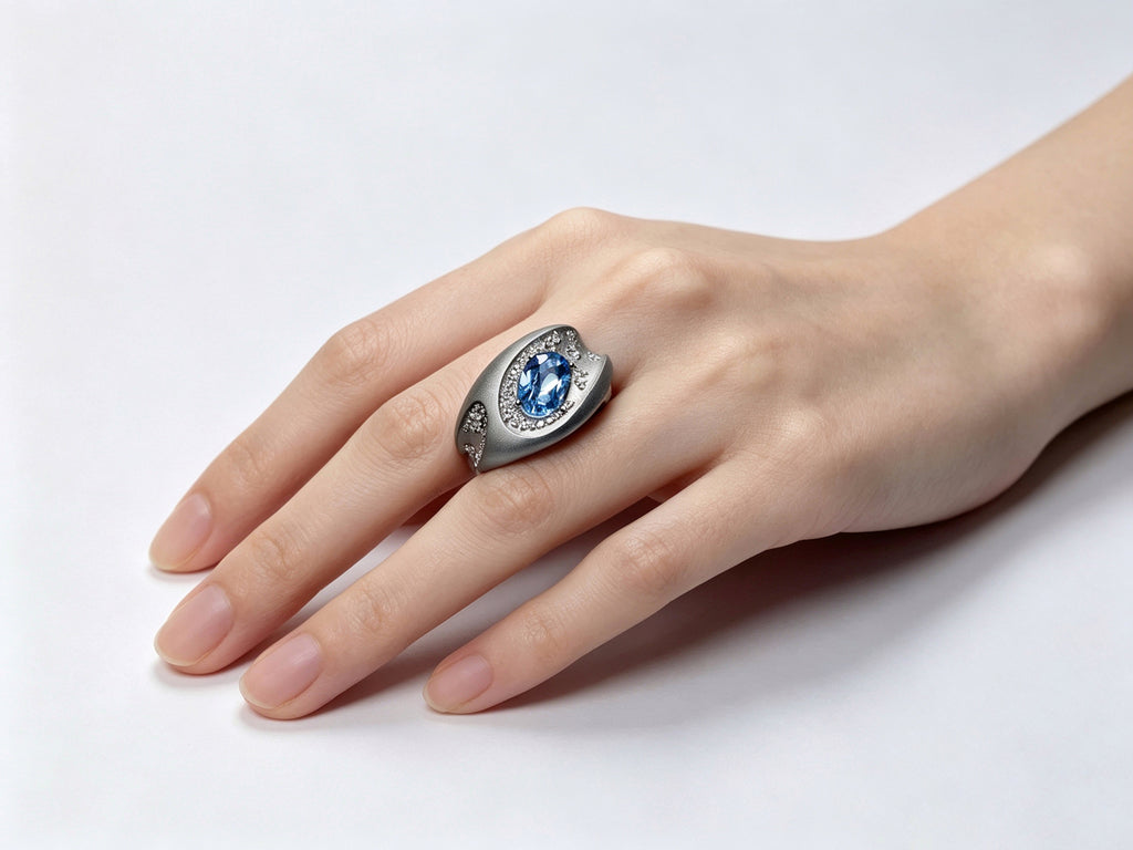 Meteor Crater Titanium Ring | Oval Synthetic Spinel with Scattered Pavé Synthetic Diamonds, Custom Ring Size Available